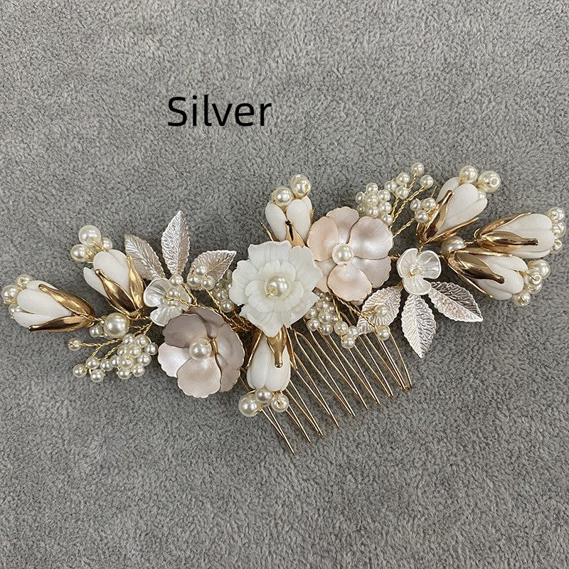 Gold Imitation Pearl Pastoral Ceramic Flower Headwear Hair Comb