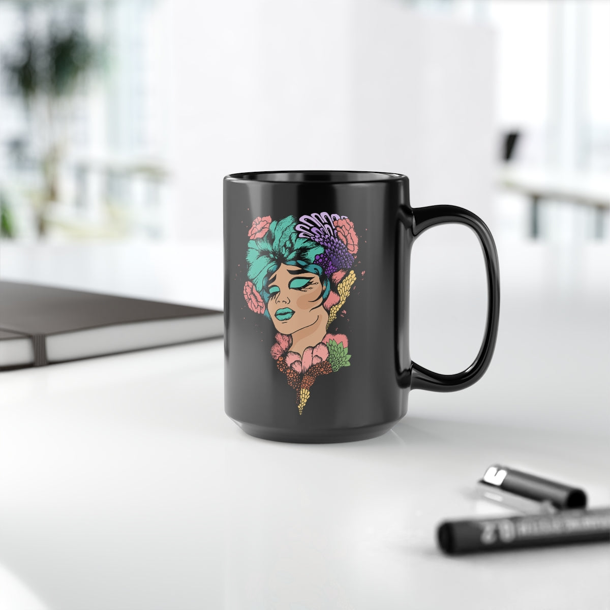 Black Coffee Mug, 15oz, Floral Woman Black Coffee Mug