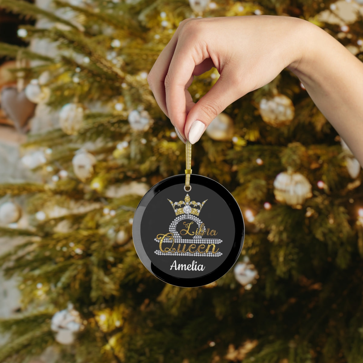 ZODIAC SIGN LIBRA QUEEN FOR WOMEN, Glass Ornament, Birth Sign Beautiful Rhinstone Print with Crown | Personalized