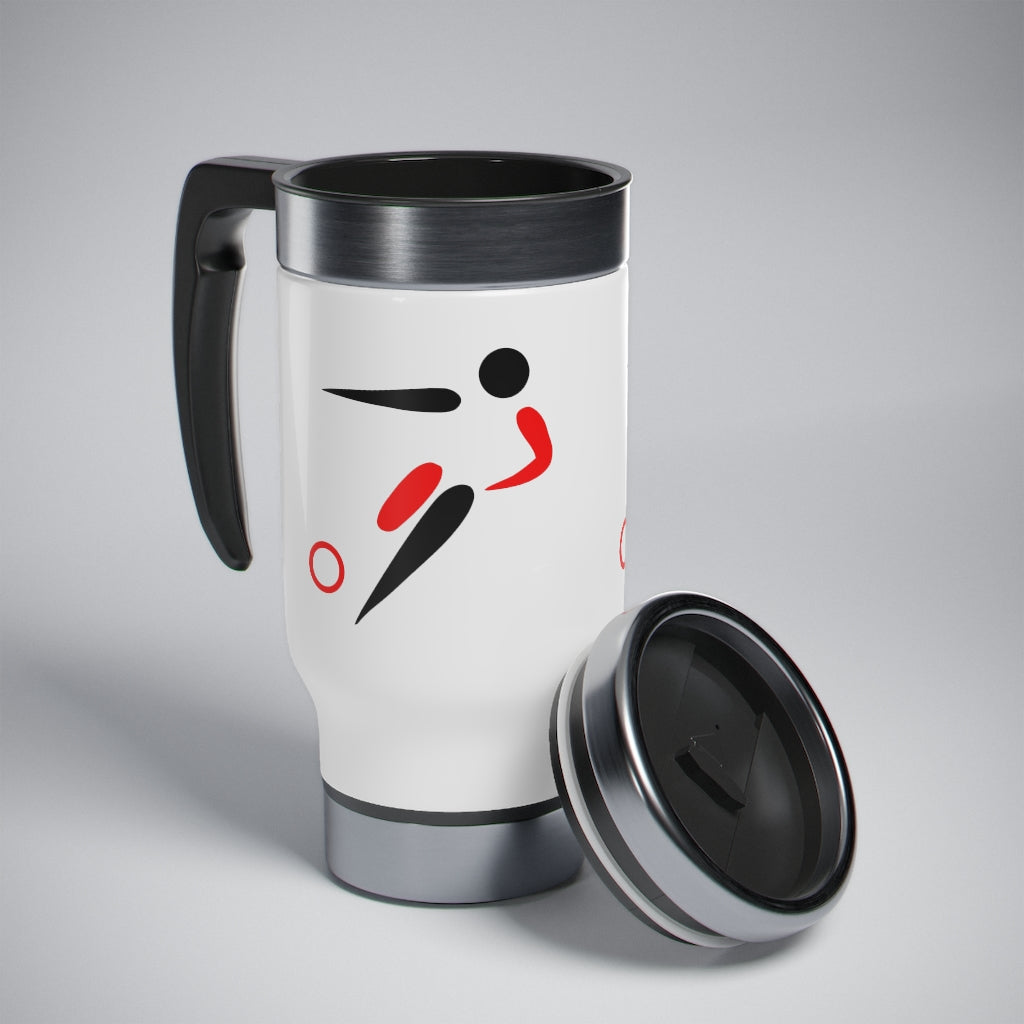 SOCCER TRAVEL MUG WITH LID AND HANDLE, STAINLESS STEEL 14 OZ