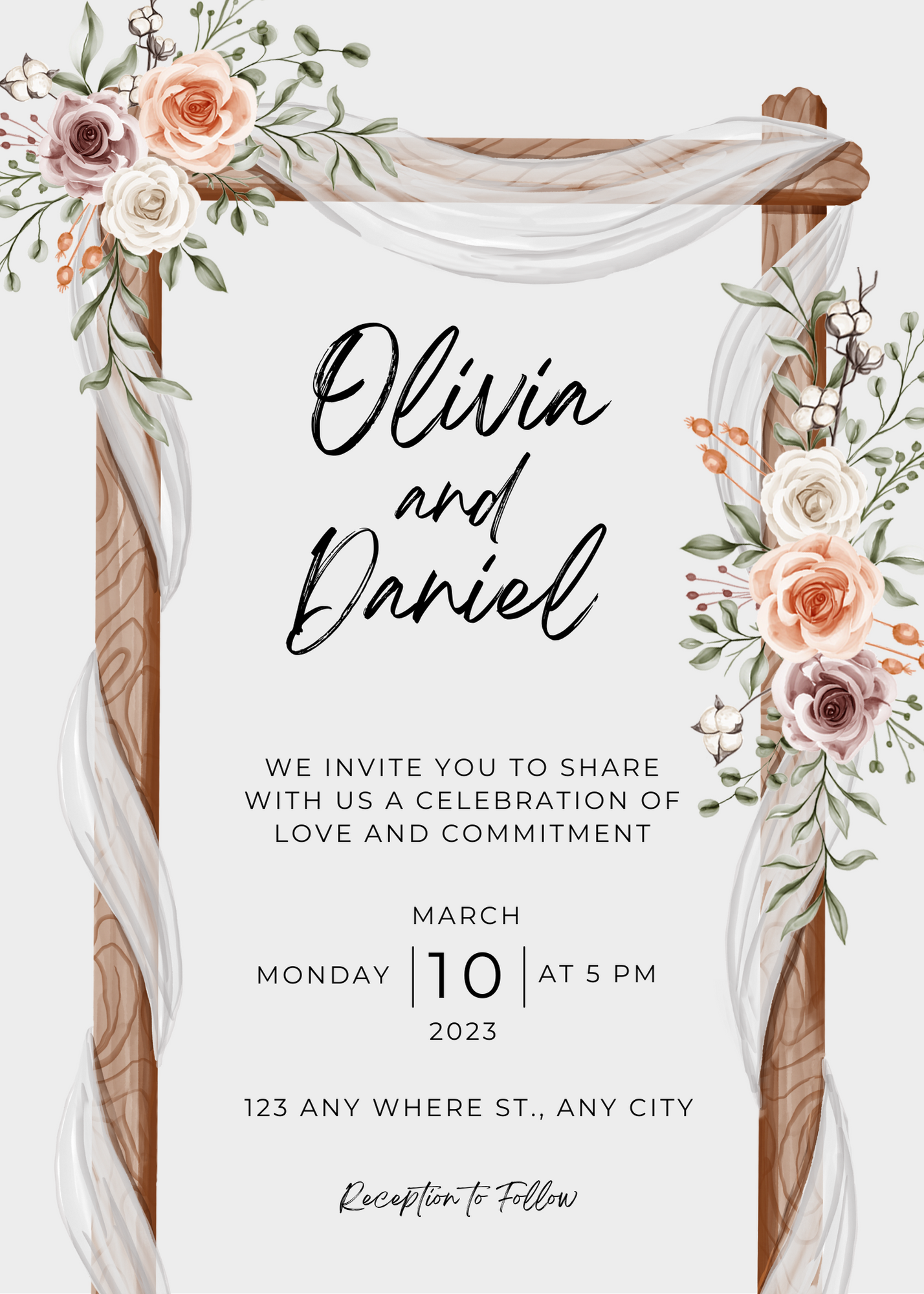 WEDDING INVITATION CARD, RUSTIC WHITE FLORAL FRAME, DIGITAL DOWNLOAD, CUSTOMISABLE