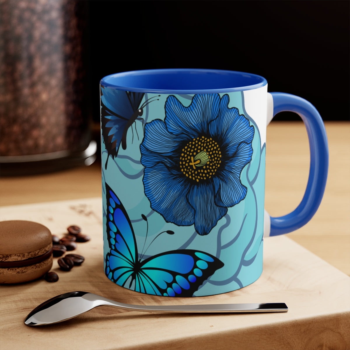 DESIGNER BUTTERFLY ACCENT COFFEE MUG, BLUE FLOWERS MUG 11 OZ