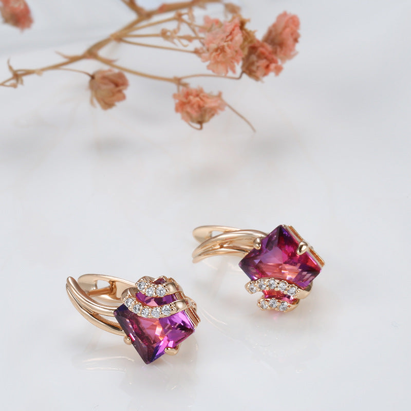 Women's Creative Popular Rose Gold Square Red Crystal Diamond Earrings Factory Wholesale