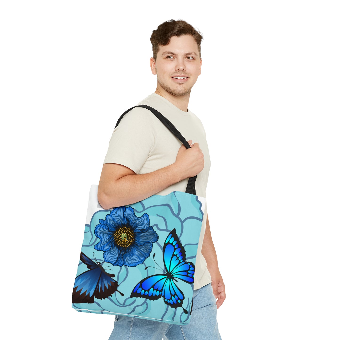 Blue Floral Tote Bag, Polyester Tote Bag,