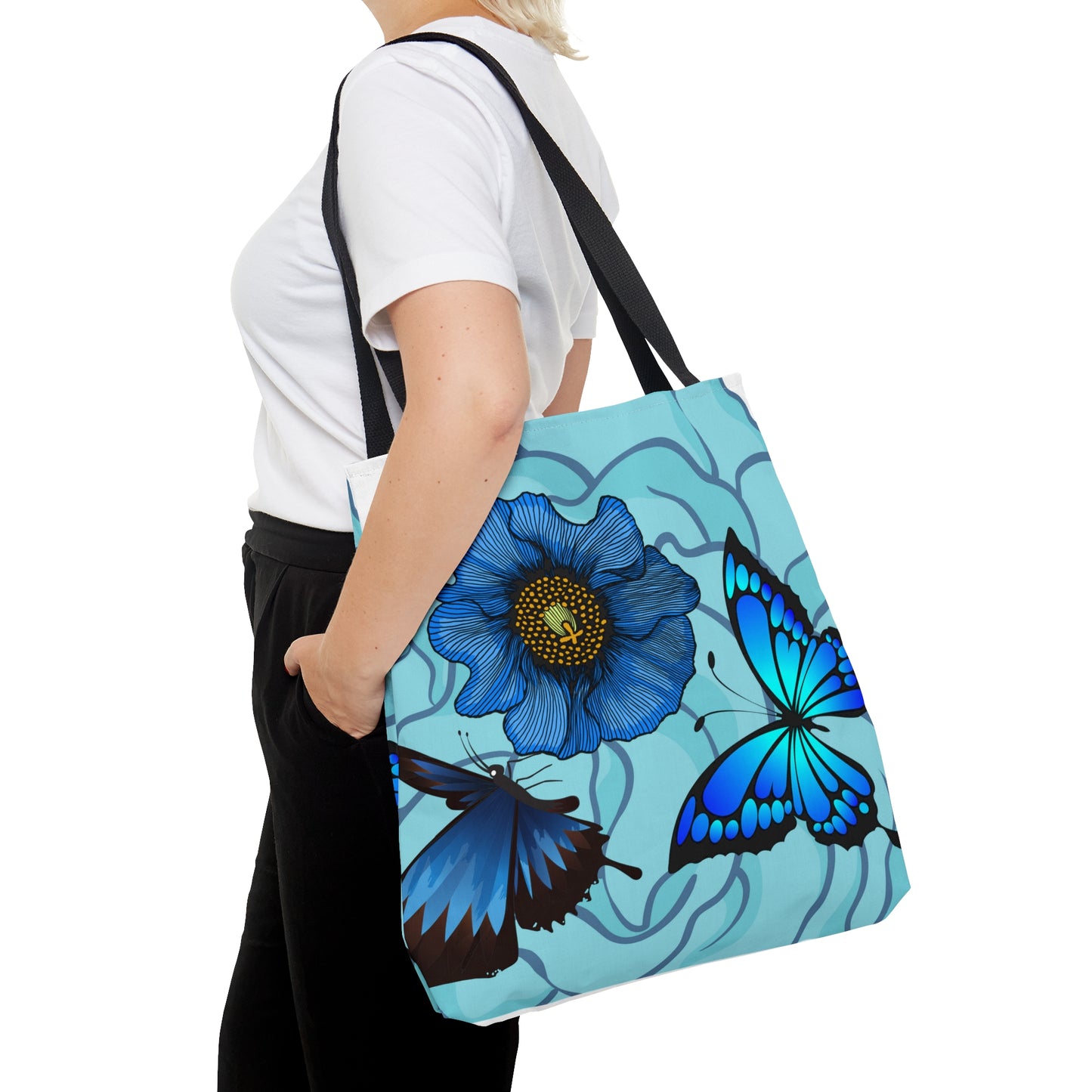 Blue Floral Tote Bag, Polyester Tote Bag,