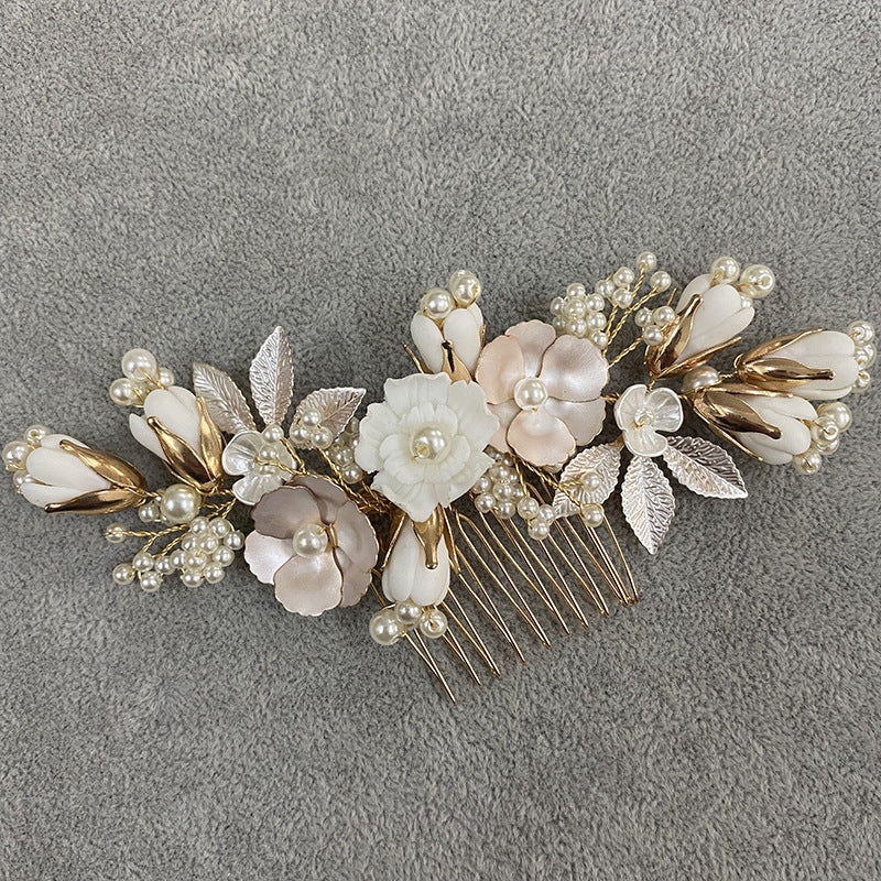 Gold Imitation Pearl Pastoral Ceramic Flower Headwear Hair Comb