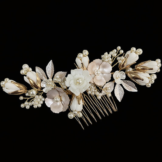 Gold Imitation Pearl Pastoral Ceramic Flower Headwear Hair Comb