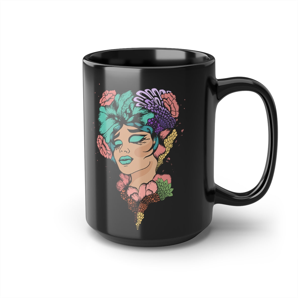 Black Coffee Mug, 15oz, Floral Woman Black Coffee Mug