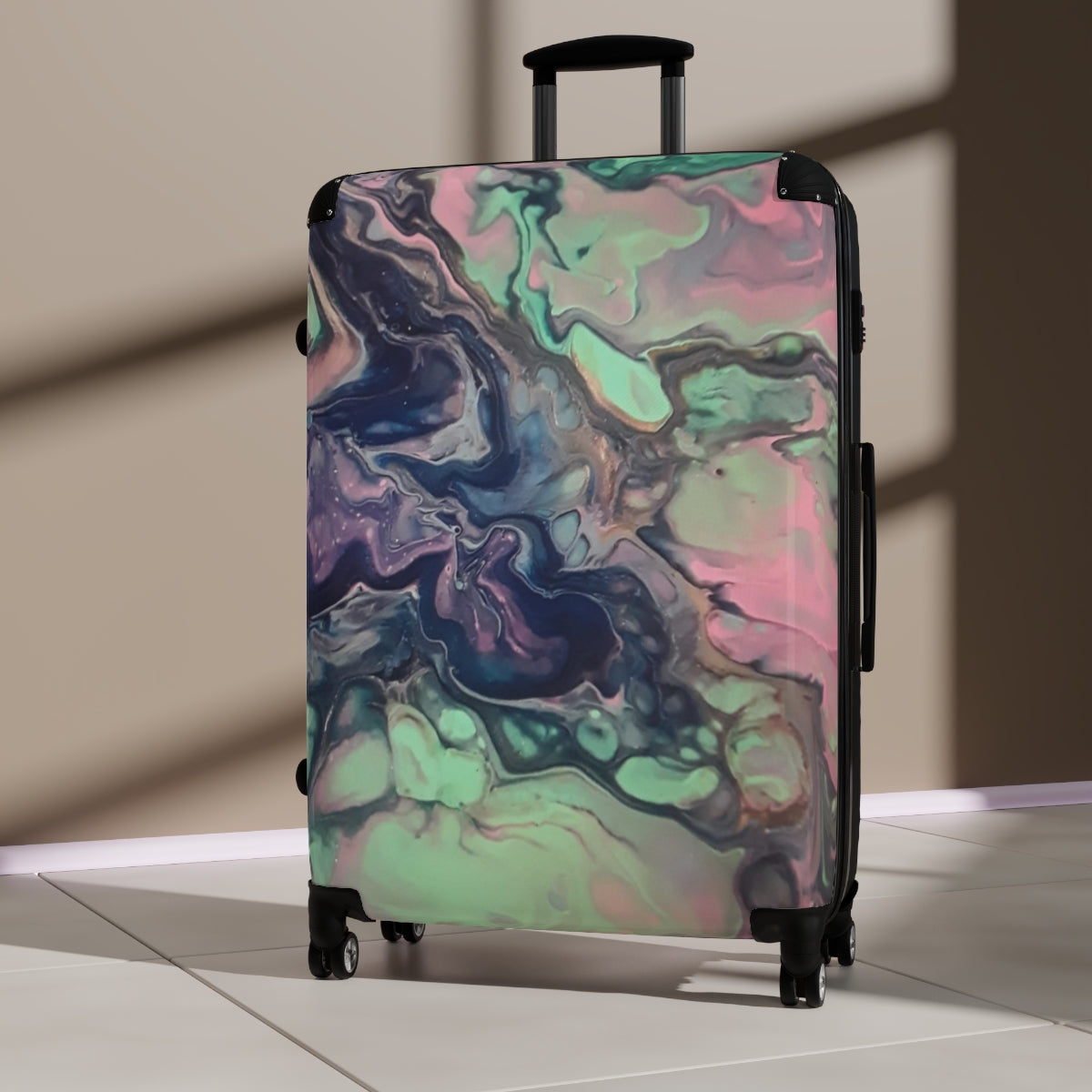 CARRY-ON LUGGAGE BY ARTZIRA, ORIGINAL ABSTRACT ART MARBLED PRINT, SPINNER 4 WHEELED