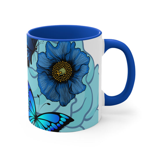 DESIGNER BUTTERFLY ACCENT COFFEE MUG, BLUE FLOWERS MUG 11 OZ