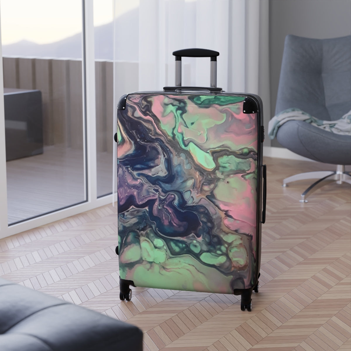 CARRY-ON LUGGAGE BY ARTZIRA, ORIGINAL ABSTRACT ART MARBLED PRINT, SPINNER 4 WHEELED