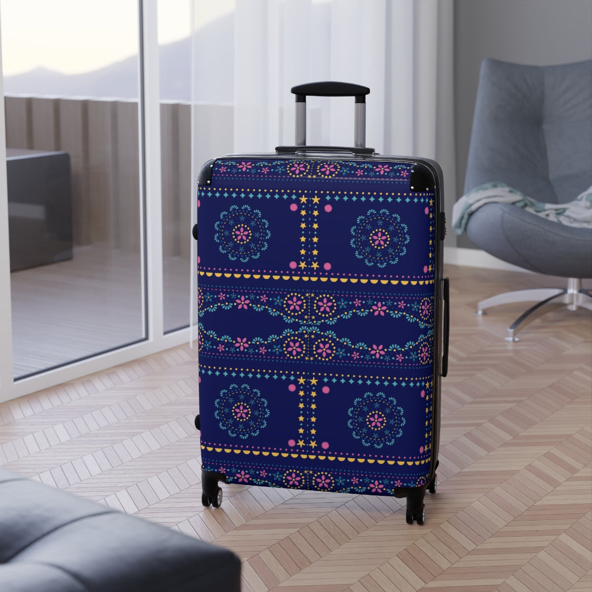 LUGGAGE WITH WHEELS, CARRY-ON SUITCASES, BOHO ART WORK PRINT, SPINNER 4 WHEELED