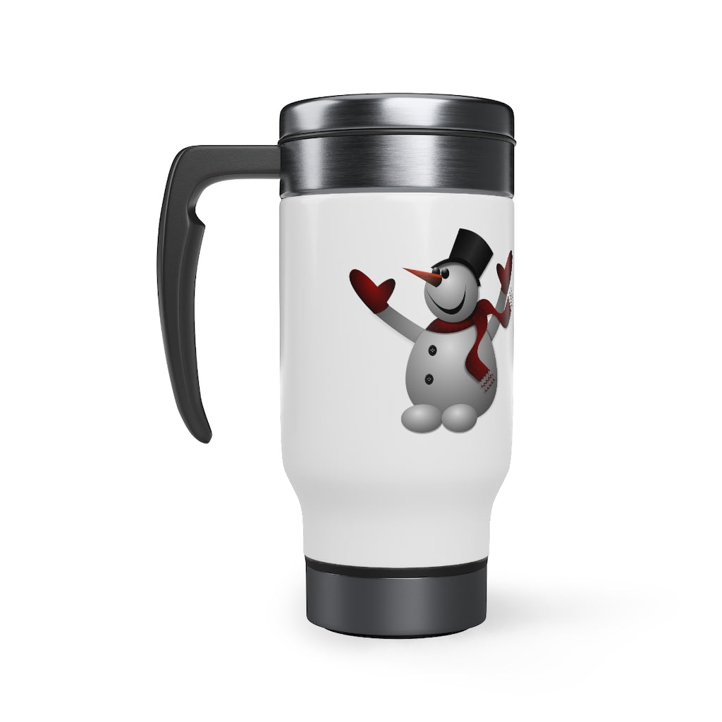 CUSTOM SNOWMAN TRAVEL MUG, Christmas Travel Mug with Handle, 14oz