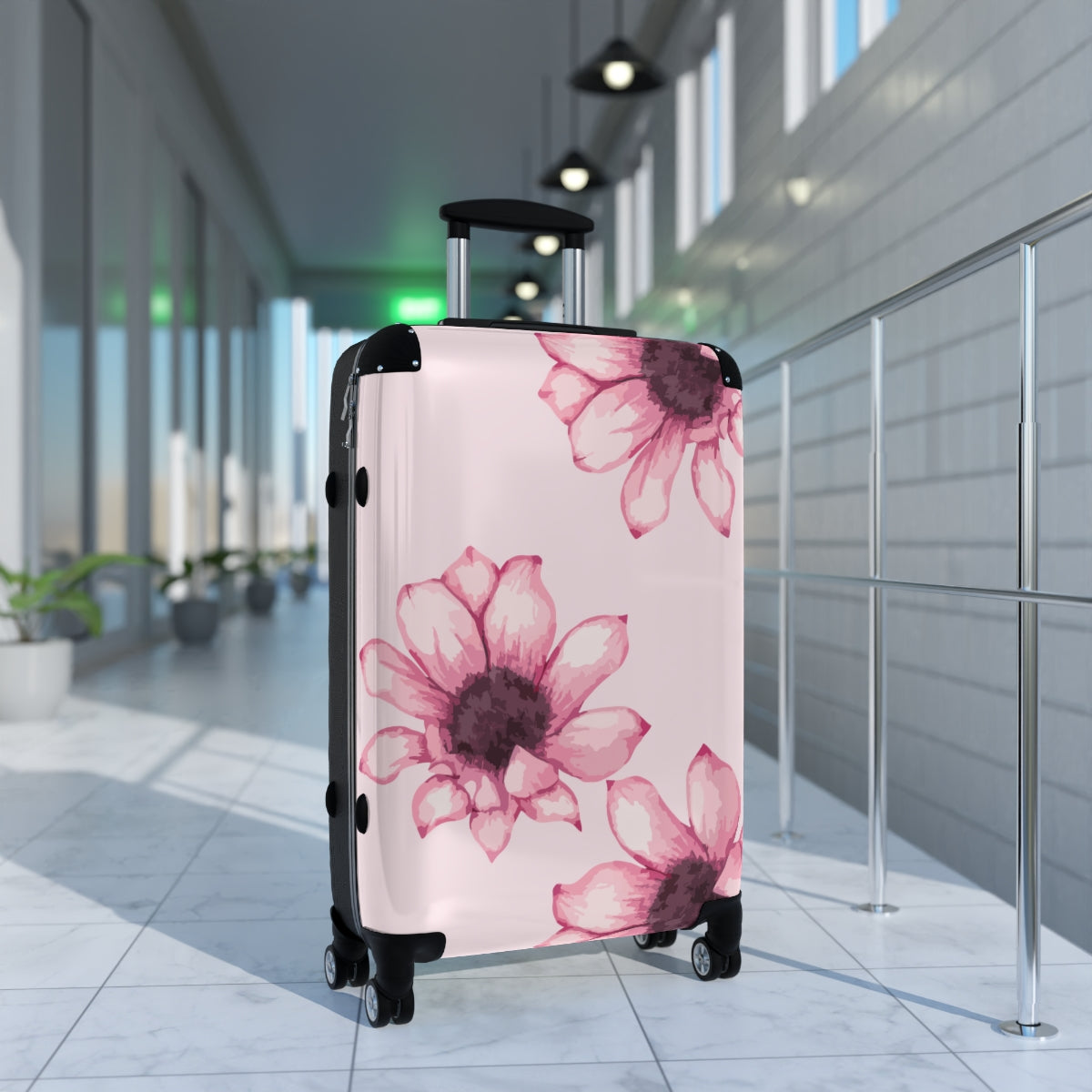 CARRY-ON LUGGAGE WITH WHEELS BY ARTZIRA, PINK FLORAL ARTWORK LUGGAGE FOR WOMEN, DOUBLE WHEELED SPINNERS