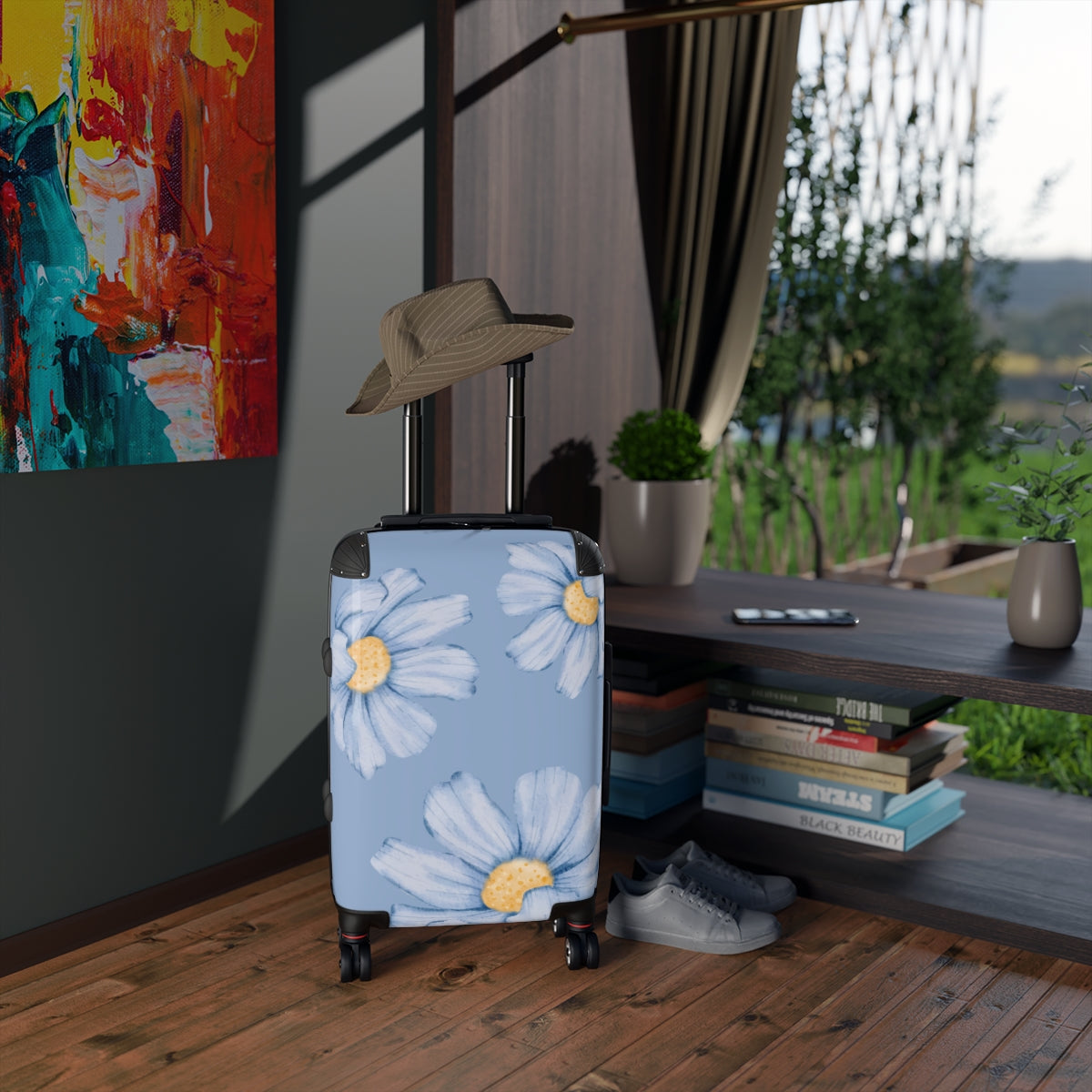 CARRY-ON LUGGAGE FOR WOMEN, BLUE FLORAL CABIN SUITCASE, CHECKED SET, LIGHT TRAVEL BAGS BY ARTZIRA