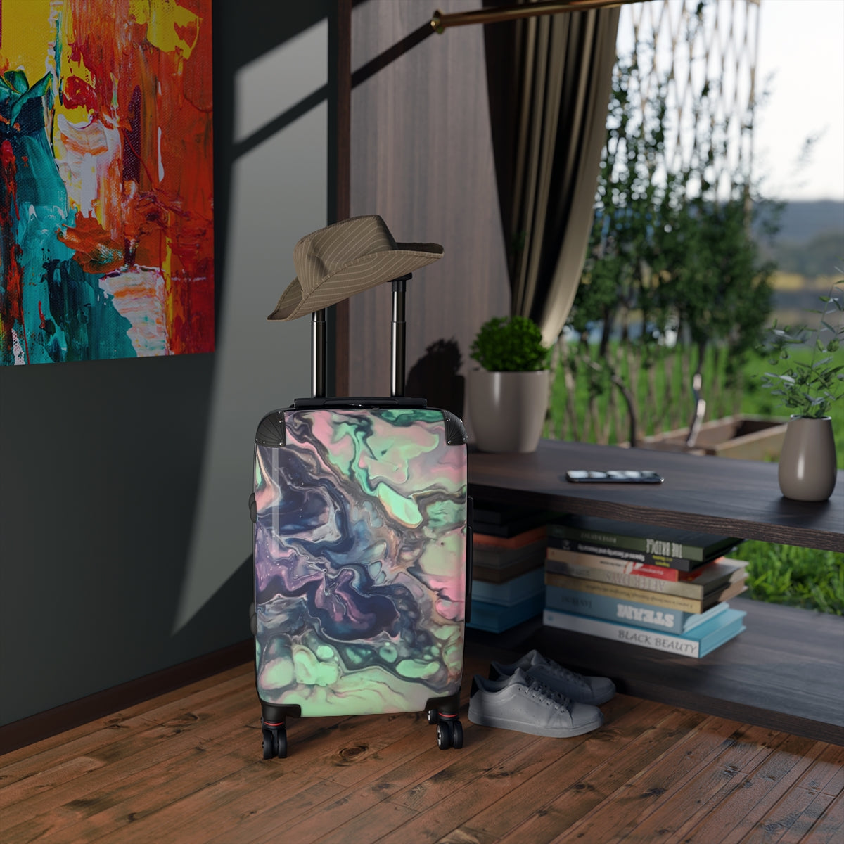 CARRY-ON LUGGAGE BY ARTZIRA, ORIGINAL ABSTRACT ART MARBLED PRINT, SPINNER 4 WHEELED