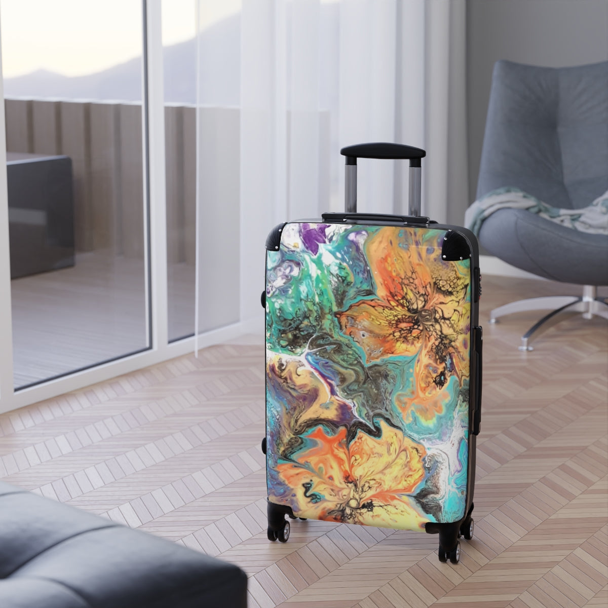 CARRY-ON LUGGAGE SET BY ARTZIRA, UNIQUE ORIGINAL ABSTRACT ART PRINT FOR WOMEN, TRAVEL BAG, DOUBLE WHEELED SPINNER