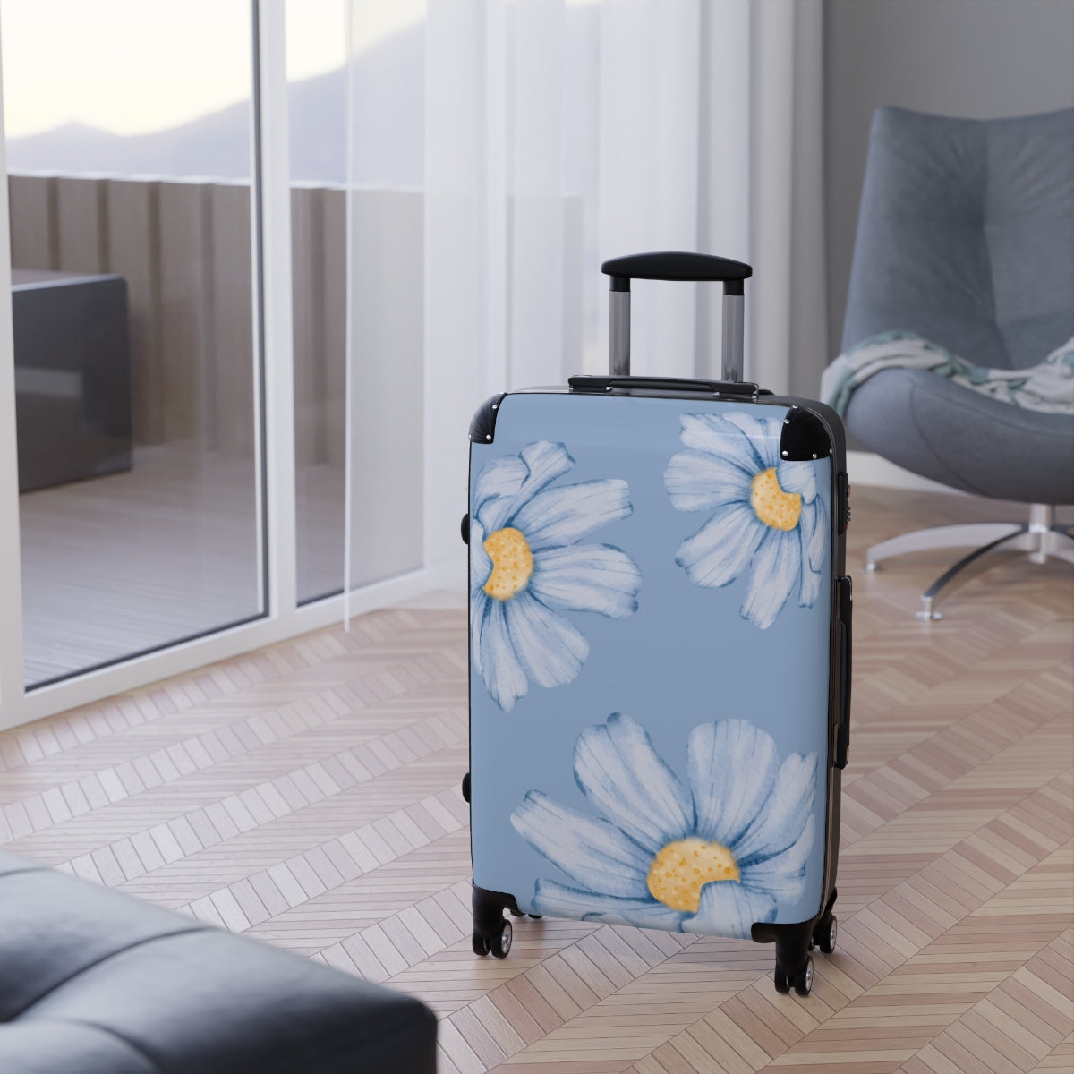 CARRY-ON LUGGAGE FOR WOMEN, BLUE FLORAL CABIN SUITCASE, CHECKED SET, LIGHT TRAVEL BAGS BY ARTZIRA