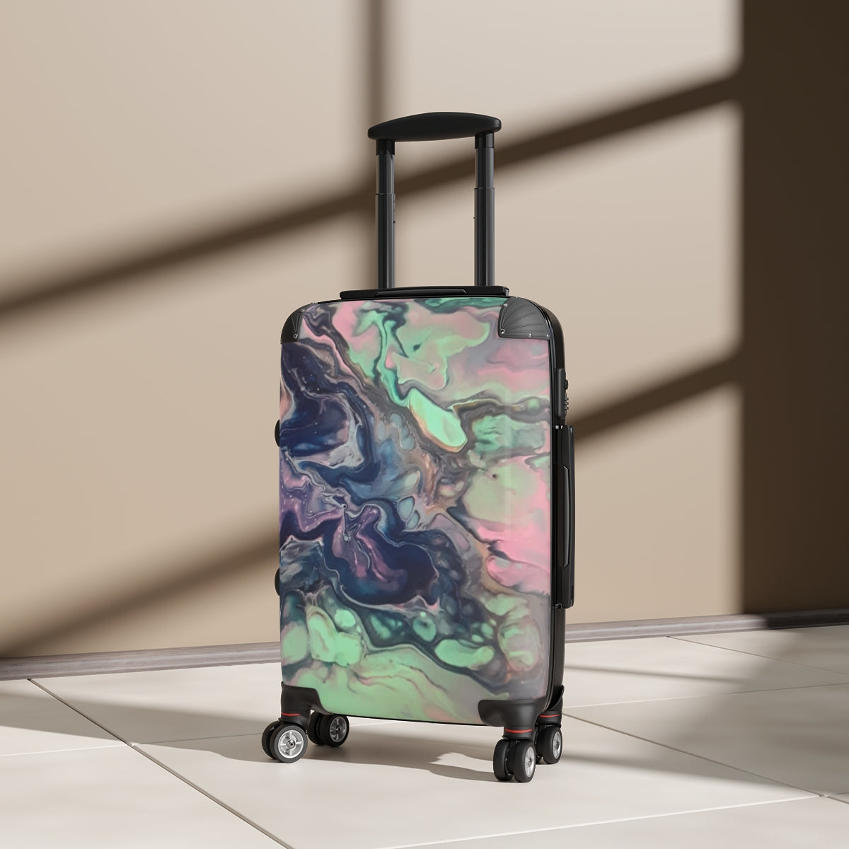 CARRY-ON LUGGAGE BY ARTZIRA, ORIGINAL ABSTRACT ART MARBLED PRINT, SPINNER 4 WHEELED