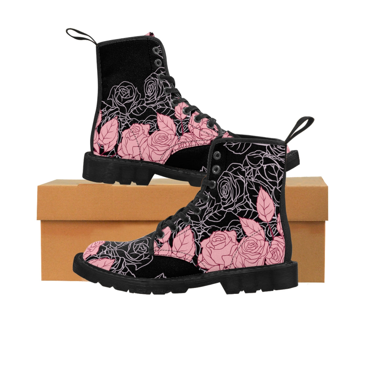 ARTZIRA PINK FLORAL WOMEN'S CANVAS BOOTS, LIVE ARTISTICALLY WITH THIS FEMININE FLORAL HIGH TOP RUBBER SOLE BOOTS BLACK