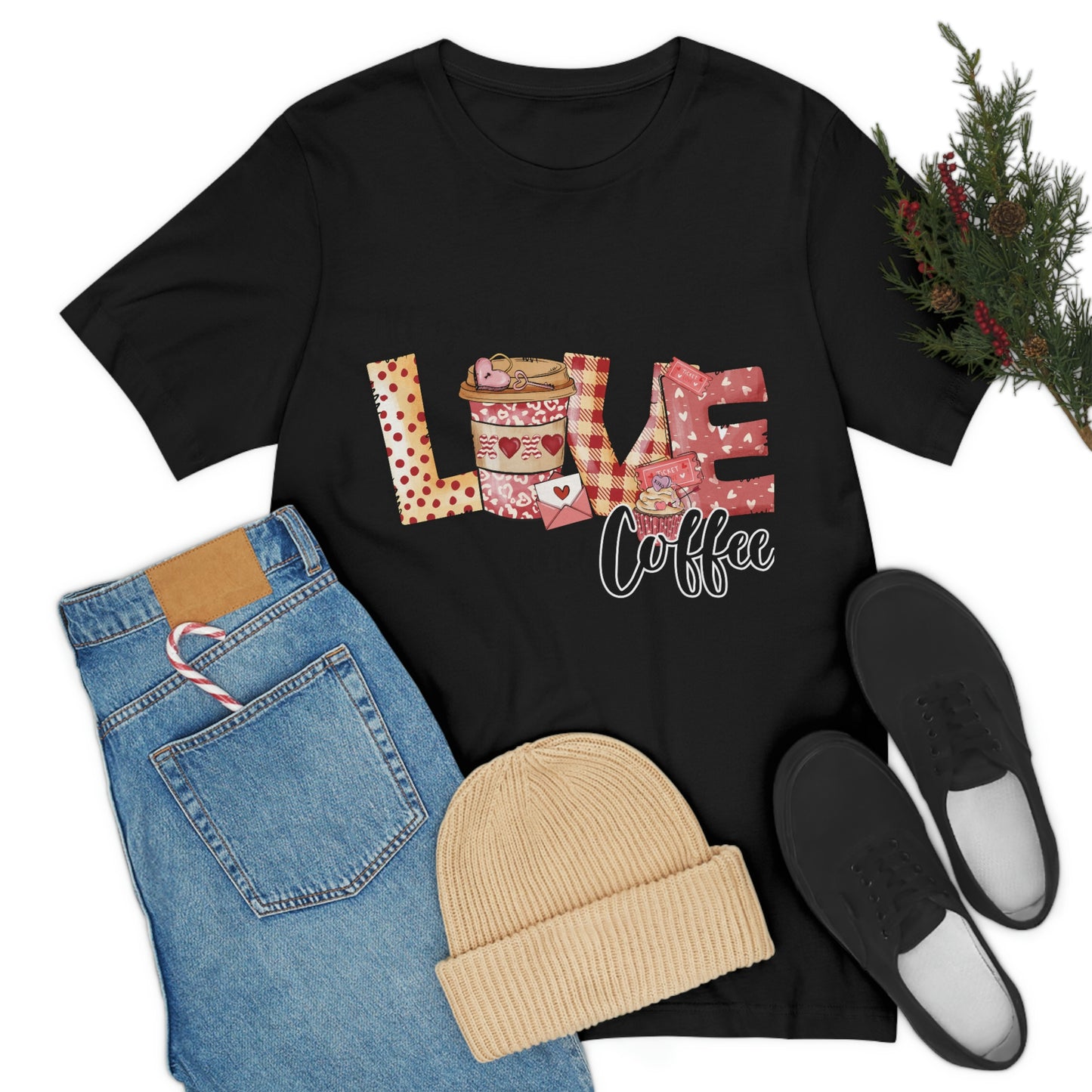 Valentine Day Shirt, Love and Coffee Unisex Jersey Short Sleeve Tee