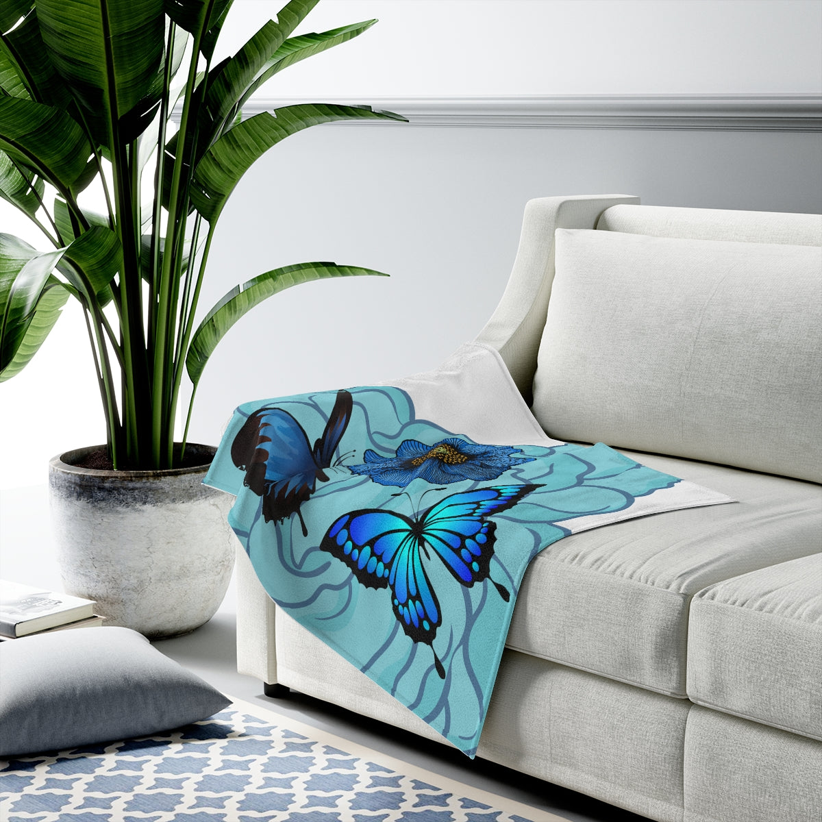 Throw Blanket Velveteen Plush Blanket Blue floral and Butterfly
