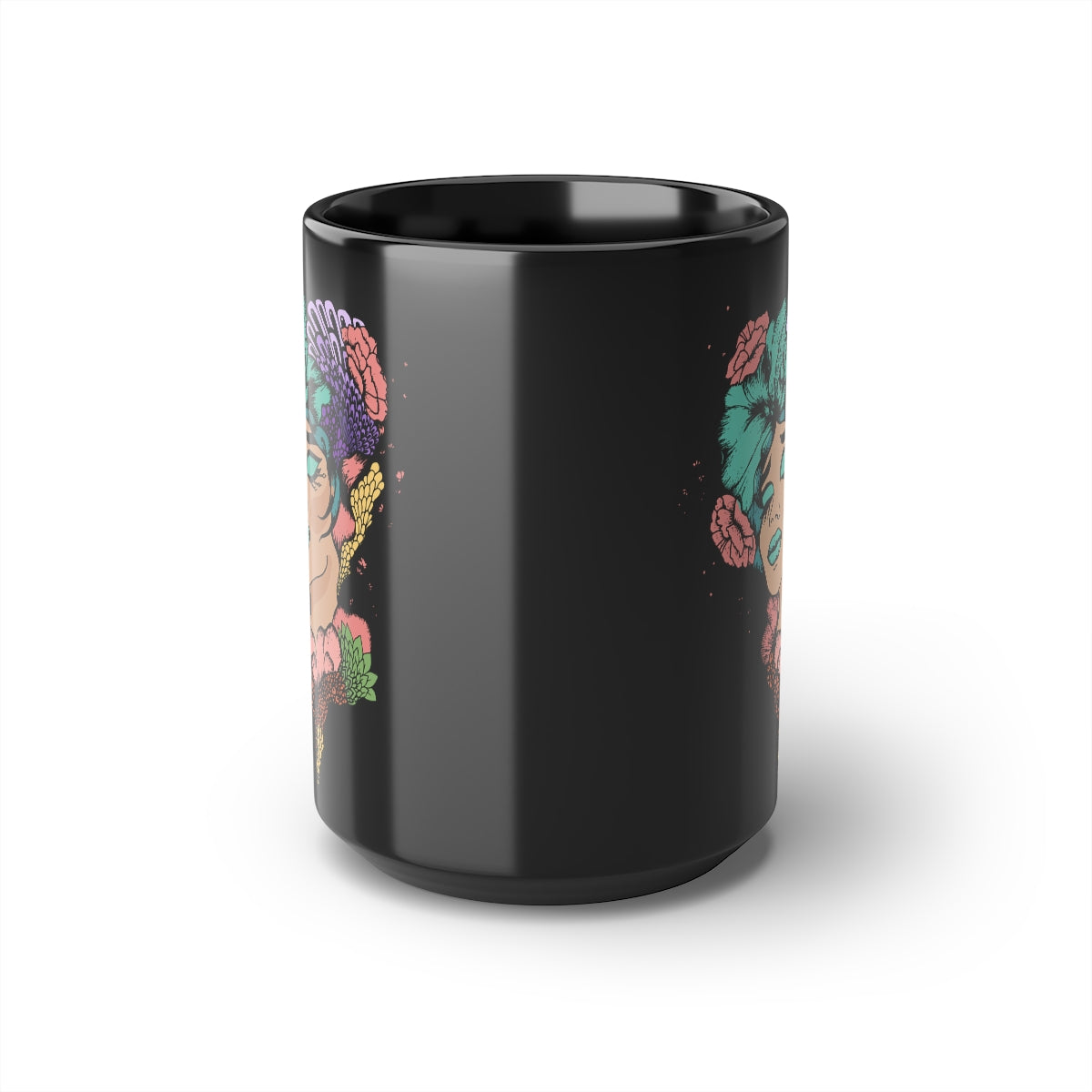 Black Coffee Mug, 15oz, Floral Woman Black Coffee Mug