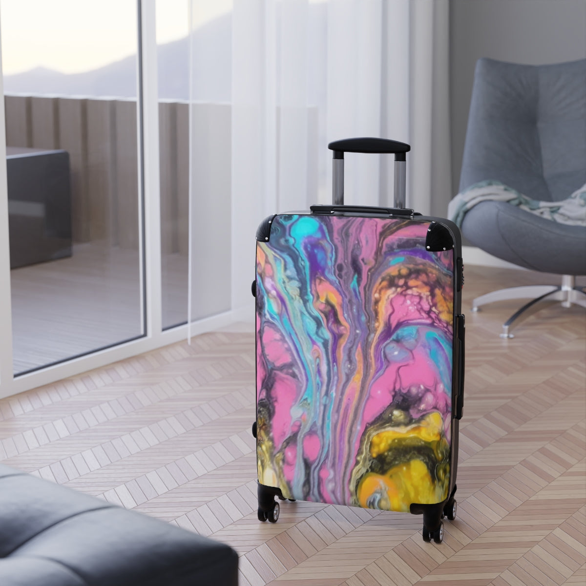 CARRY-ON LUGGAGE BY ARTZIRA, ORIGINAL ABSTRACT ART PRINT BY ARTZIRA ARTIST, 4 WHEELED SPINNER, ATS LOCK