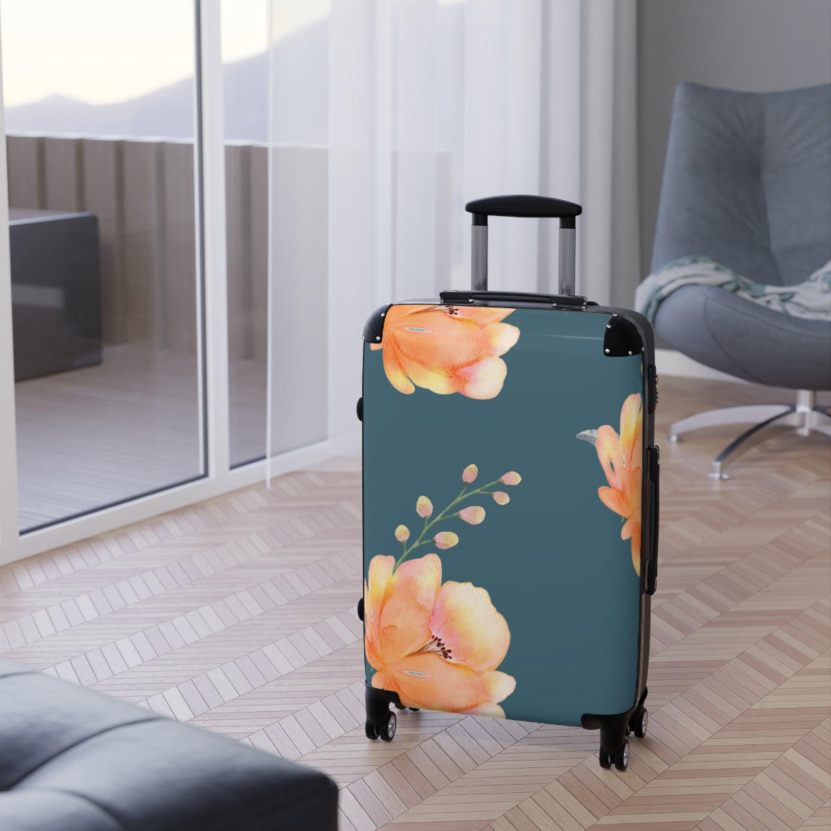 CARRY-ON LUGGAGE SET, YELLOW  FLORAL SUITCASES, Cabin Suitcase Carry-On Luggage, Trolly Travel Bags Double Wheeled Spinners, Women's Luggage