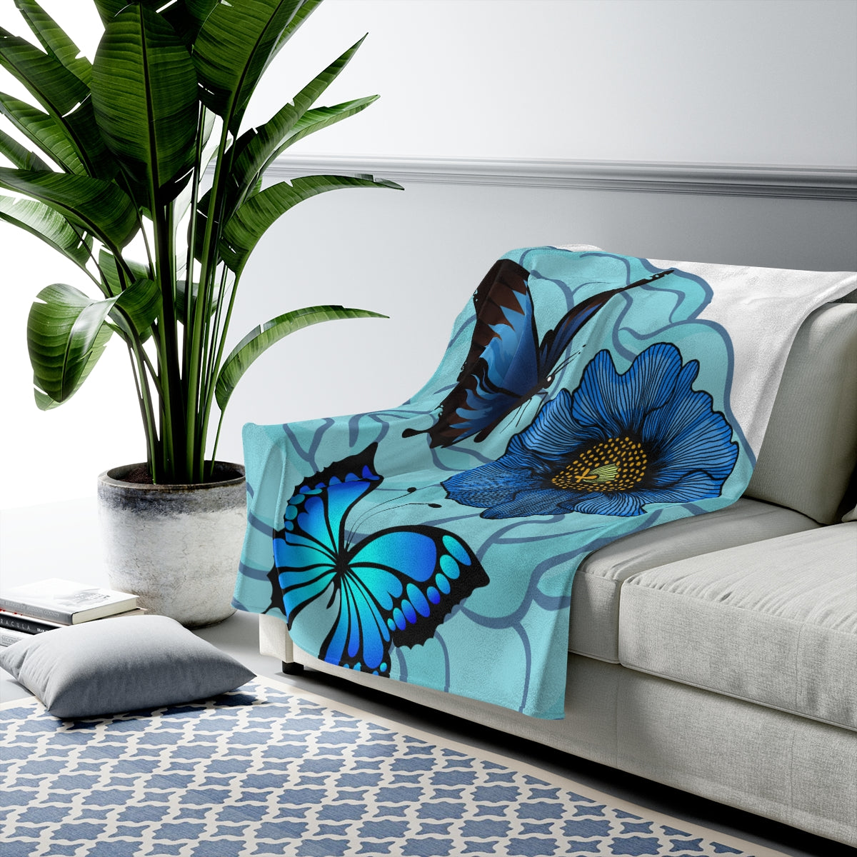 Velveteen Plush Blanket Blue Floral