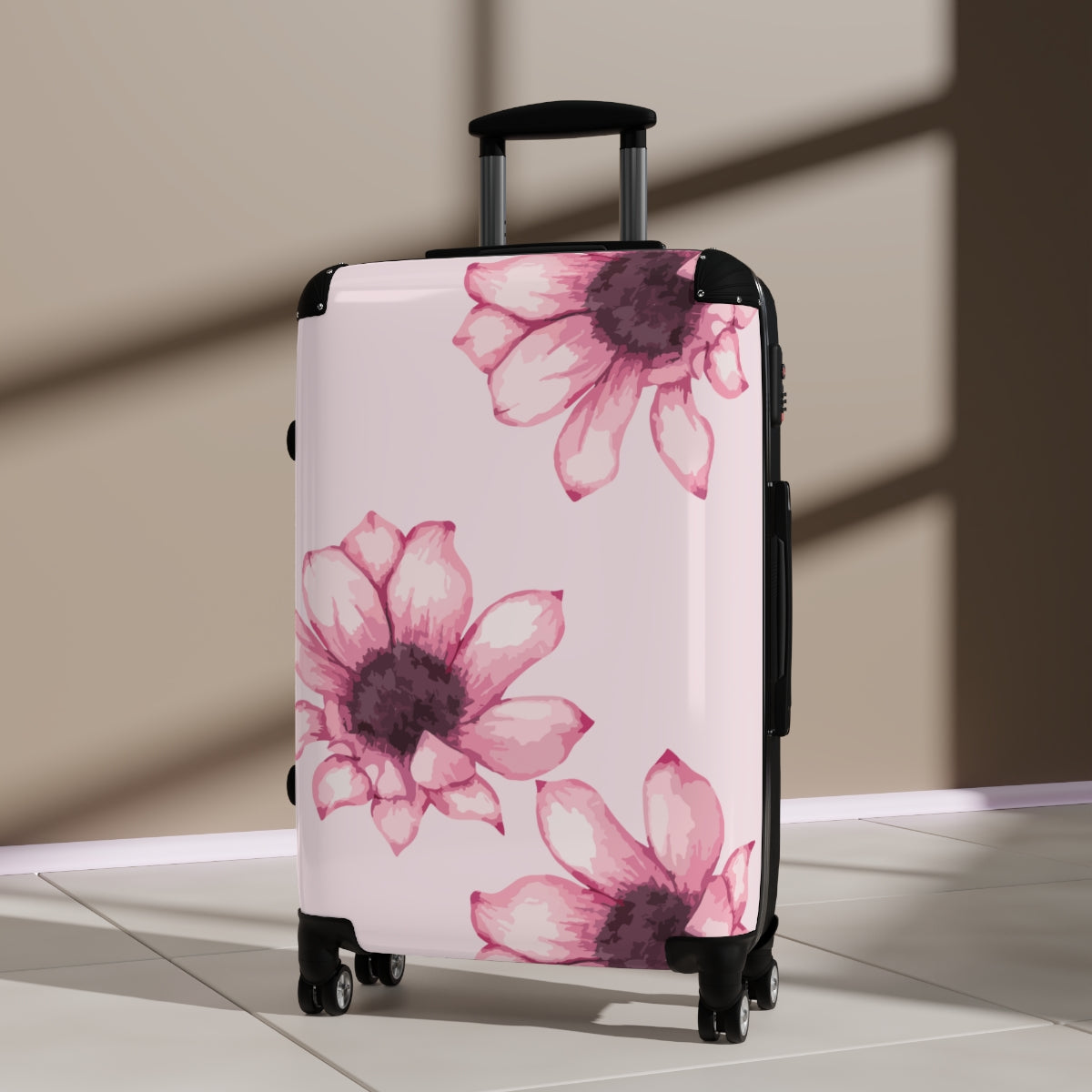 CARRY-ON LUGGAGE WITH WHEELS BY ARTZIRA, PINK FLORAL ARTWORK LUGGAGE FOR WOMEN, DOUBLE WHEELED SPINNERS