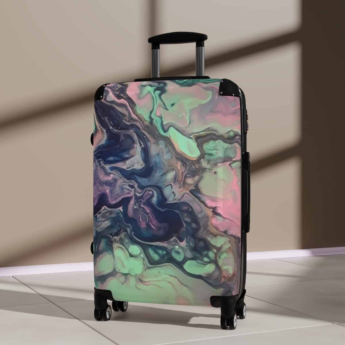 CARRY-ON LUGGAGE BY ARTZIRA, ORIGINAL ABSTRACT ART MARBLED PRINT, SPINNER 4 WHEELED