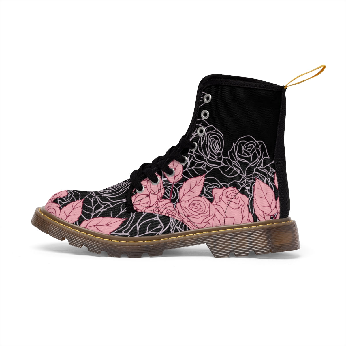 ARTZIRA PINK FLORAL WOMEN'S CANVAS BOOTS, LIVE ARTISTICALLY WITH THIS FEMININE FLORAL HIGH TOP RUBBER SOLE BOOTS BLACK