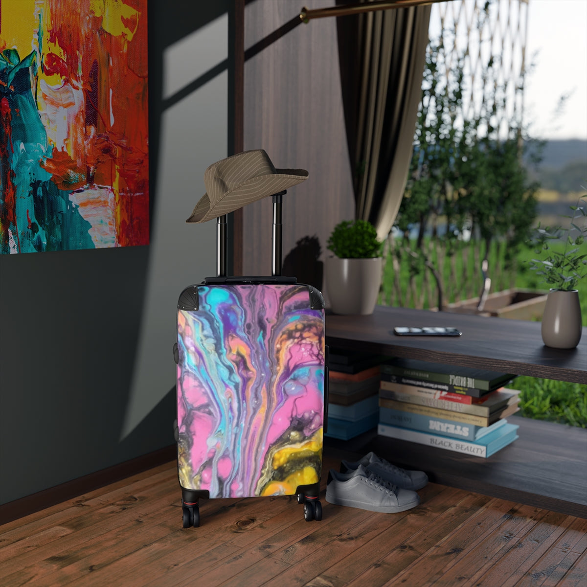 CARRY-ON LUGGAGE BY ARTZIRA, ORIGINAL ABSTRACT ART PRINT BY ARTZIRA ARTIST, 4 WHEELED SPINNER, ATS LOCK