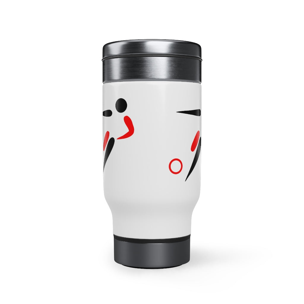 SOCCER TRAVEL MUG WITH LID AND HANDLE, STAINLESS STEEL 14 OZ