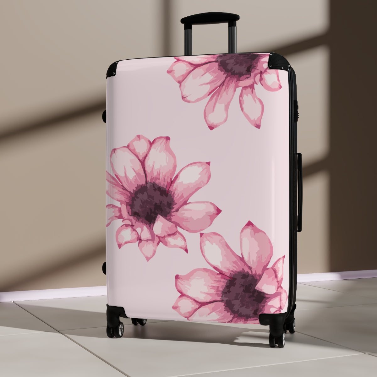 CARRY-ON LUGGAGE WITH WHEELS BY ARTZIRA, PINK FLORAL ARTWORK LUGGAGE FOR WOMEN, DOUBLE WHEELED SPINNERS