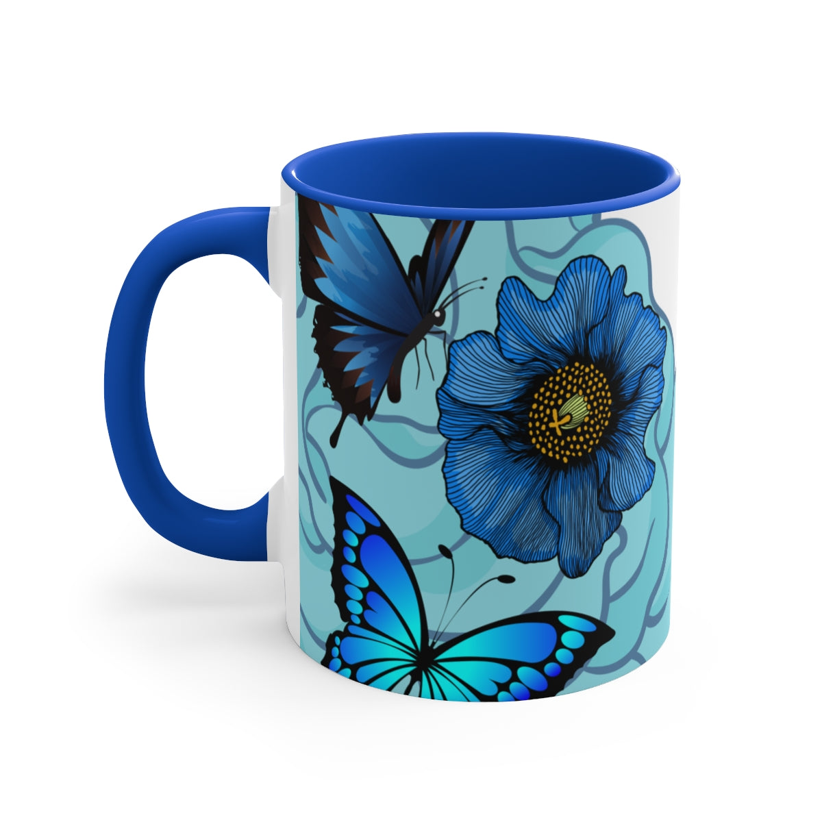 DESIGNER BUTTERFLY ACCENT COFFEE MUG, BLUE FLOWERS MUG 11 OZ