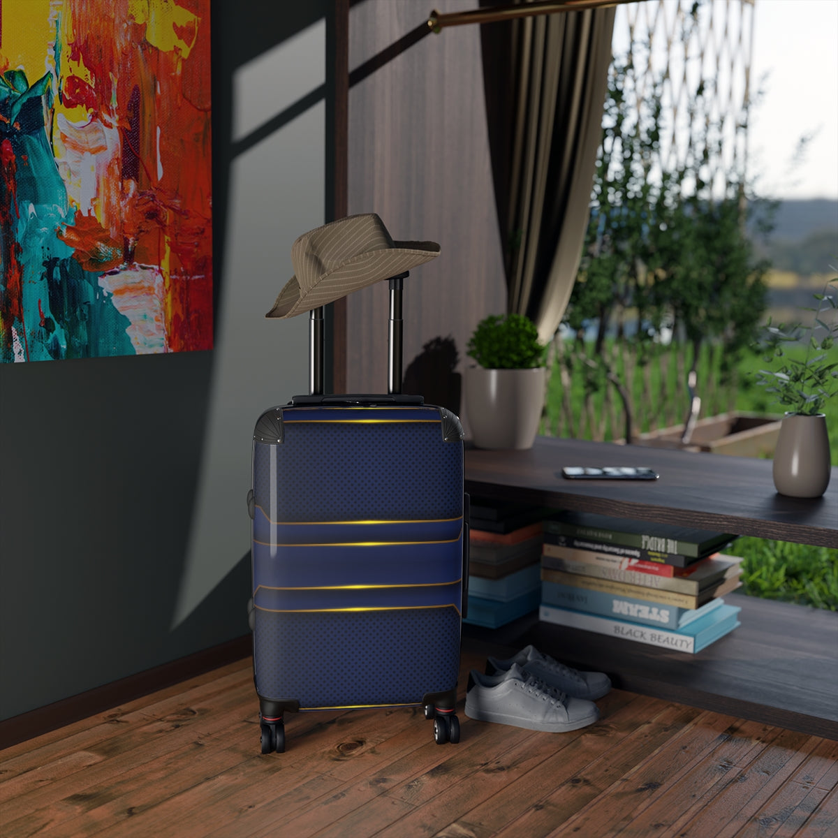 CARRY-ON LUGGAGE WITH WHEELS | Luxury Gold Blue | Artzira | Cabin Suitcases | Trolly Travel Bags | 4 Wheeled Spinners | Personalized