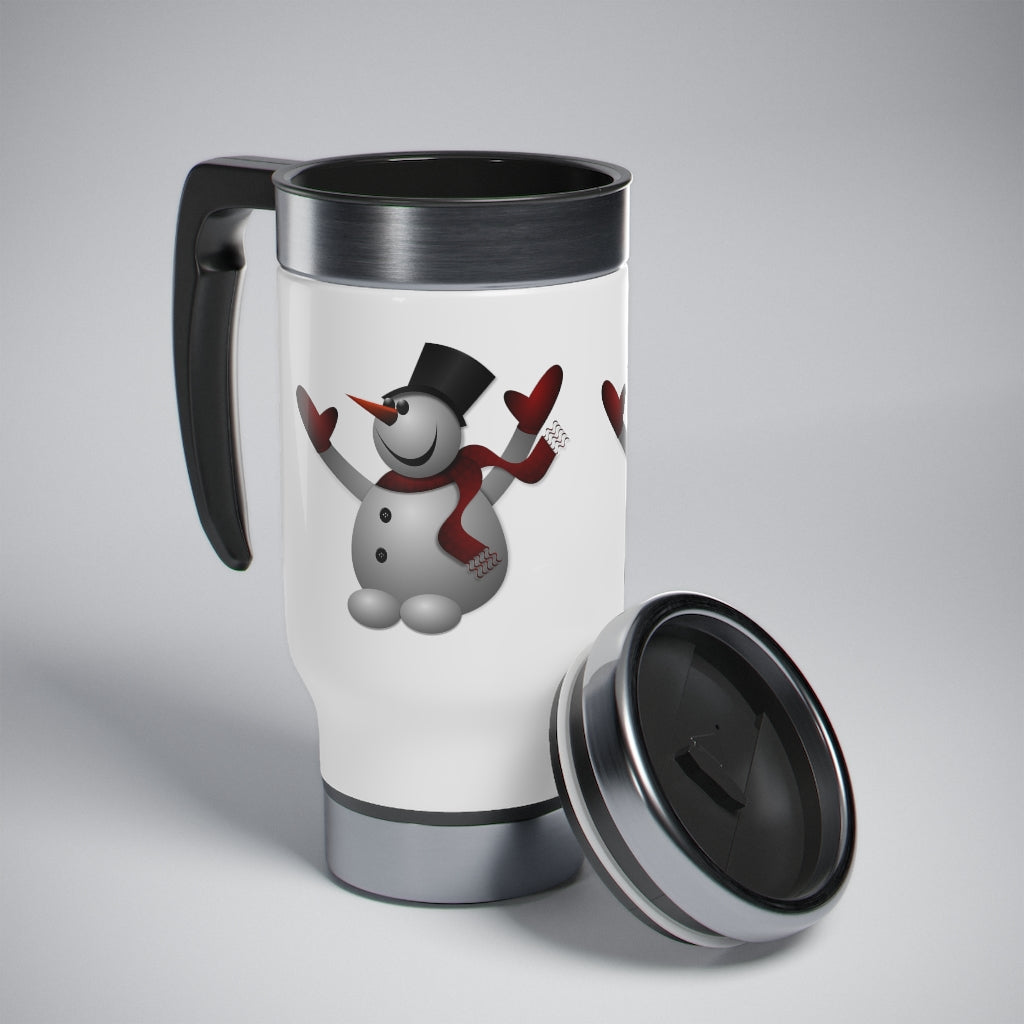 CUSTOM SNOWMAN TRAVEL MUG, Christmas Travel Mug with Handle, 14oz