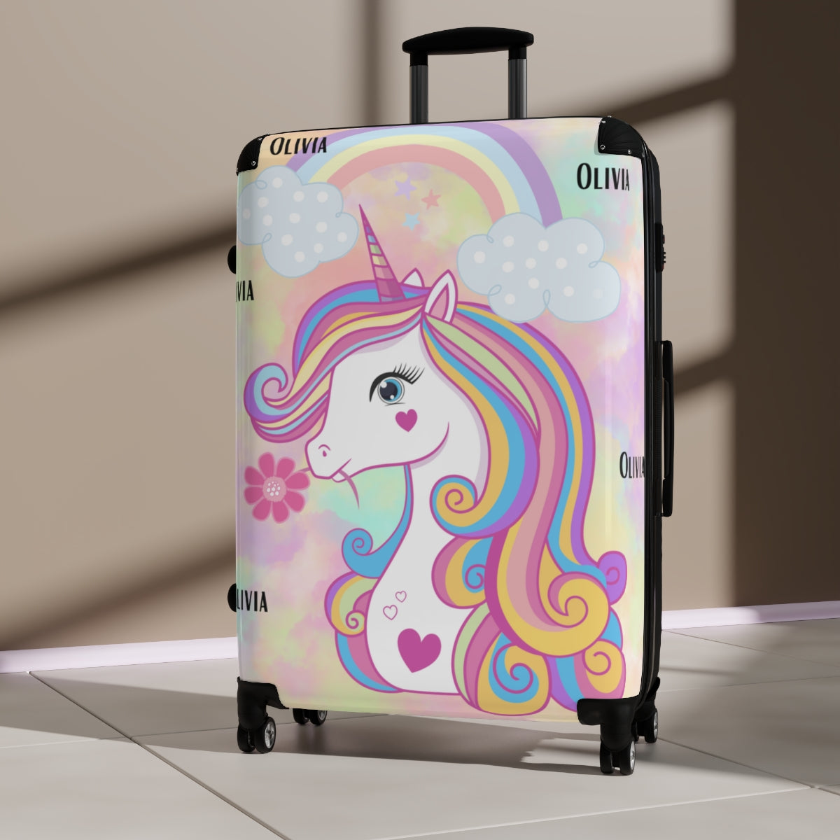 KIDS Unicorn Carry-On Suitcases for Girls | Personalised | Cabin Suitcases All Sizes, Double Wheeled Spinner