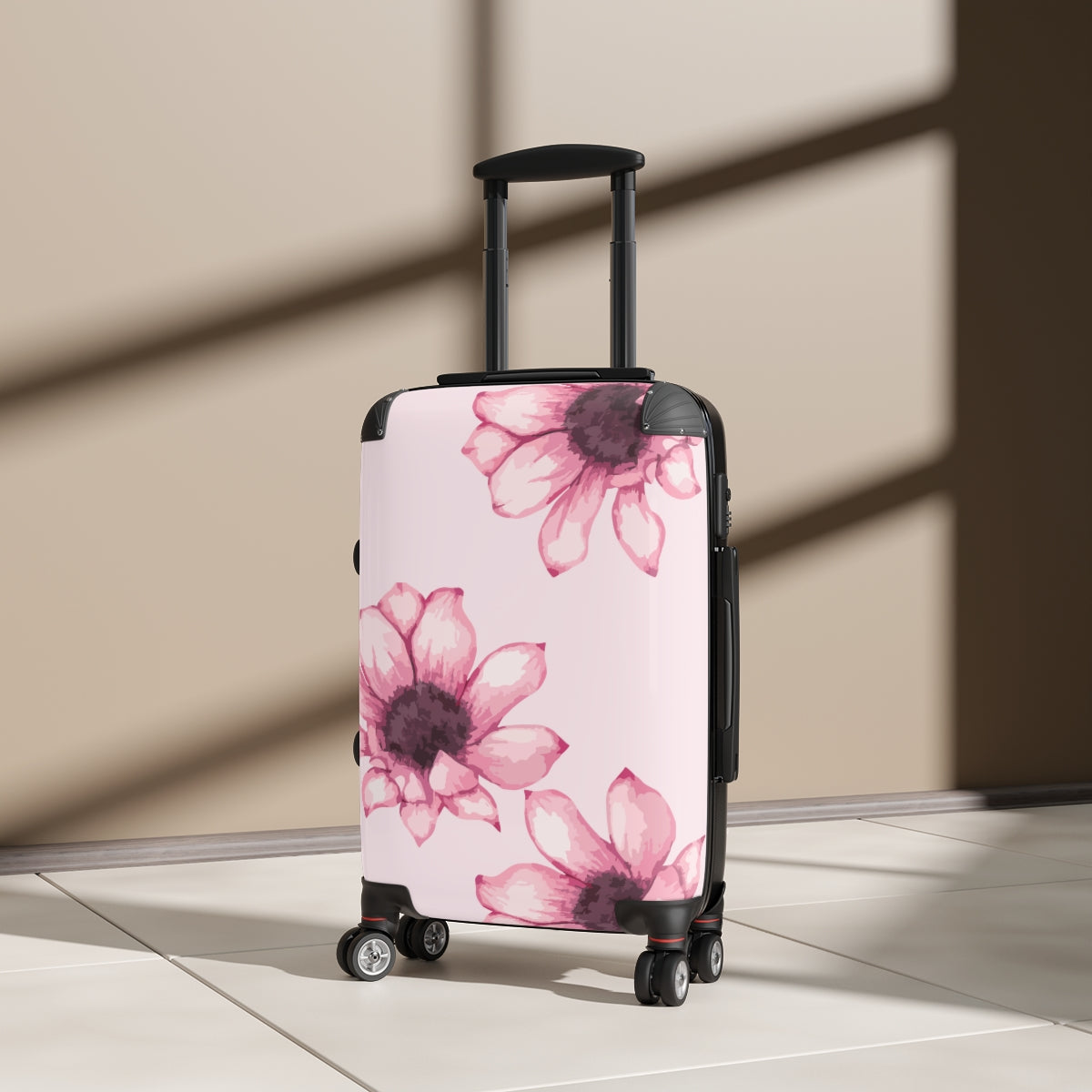 CARRY-ON LUGGAGE WITH WHEELS BY ARTZIRA, PINK FLORAL ARTWORK LUGGAGE FOR WOMEN, DOUBLE WHEELED SPINNERS