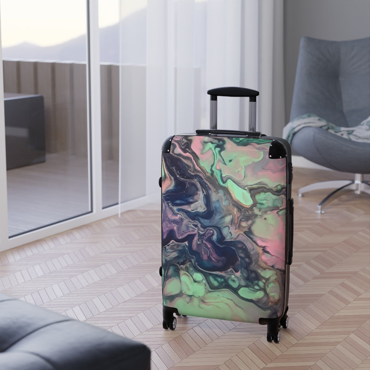 CARRY-ON LUGGAGE BY ARTZIRA, ORIGINAL ABSTRACT ART MARBLED PRINT, SPINNER 4 WHEELED