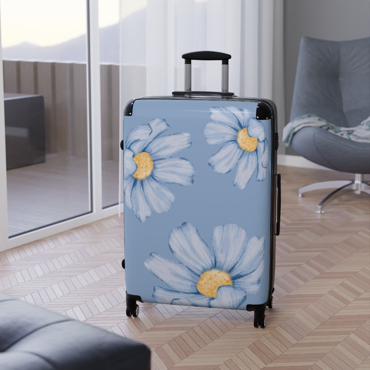 CARRY-ON LUGGAGE FOR WOMEN, BLUE FLORAL CABIN SUITCASE, CHECKED SET, LIGHT TRAVEL BAGS BY ARTZIRA