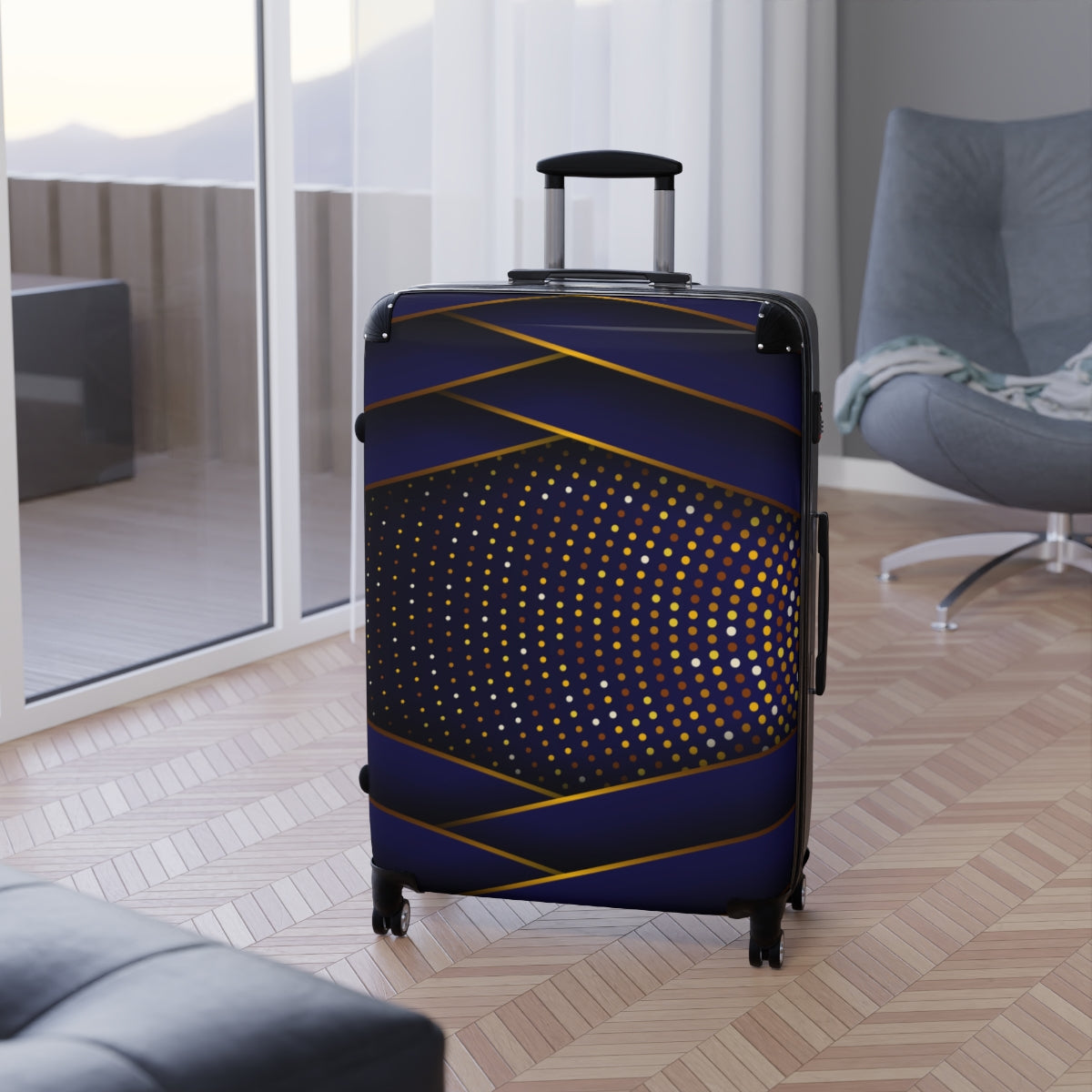 CARRY-ON LUGGAGE WITH WHEELS | Luxury Gold Blue | Artzira | Cabin Suitcases | Trolly Travel Bags | 4 Wheeled Spinners | Personalized