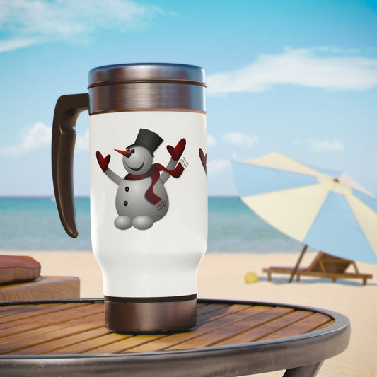 CUSTOM SNOWMAN TRAVEL MUG, Christmas Travel Mug with Handle, 14oz