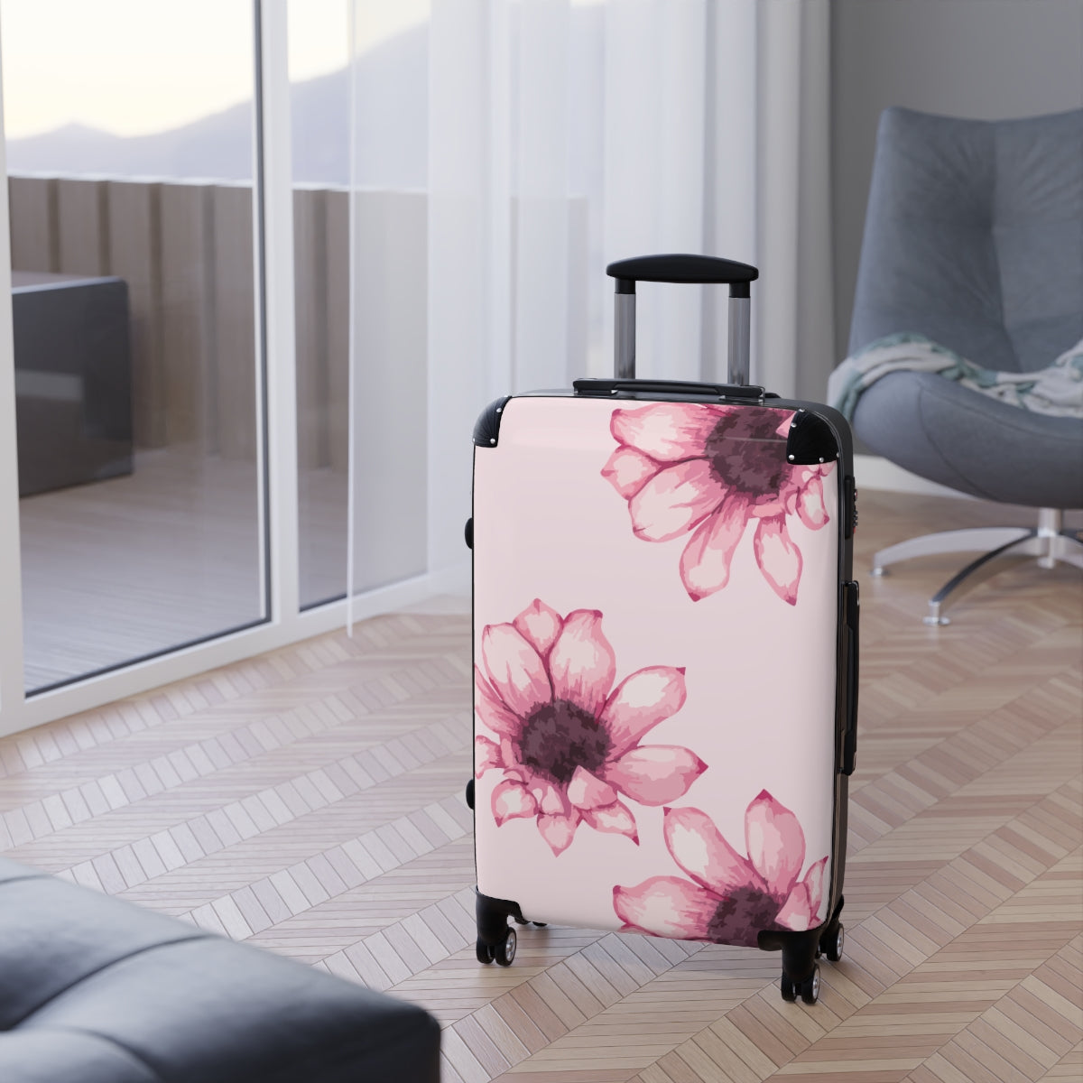 CARRY-ON LUGGAGE WITH WHEELS BY ARTZIRA, PINK FLORAL ARTWORK LUGGAGE FOR WOMEN, DOUBLE WHEELED SPINNERS