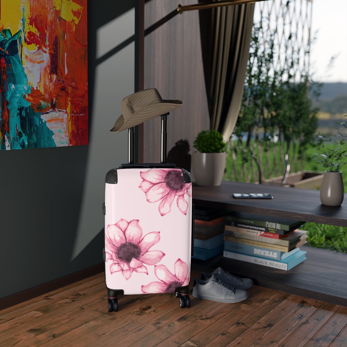 CARRY-ON LUGGAGE WITH WHEELS BY ARTZIRA, PINK FLORAL ARTWORK LUGGAGE FOR WOMEN, DOUBLE WHEELED SPINNERS