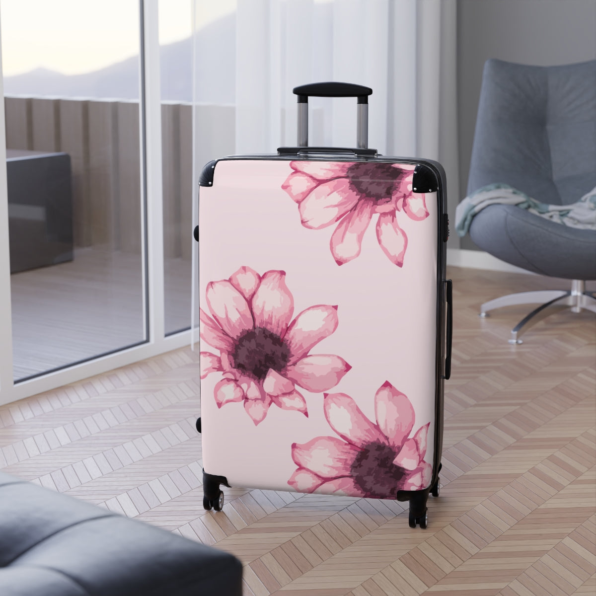 CARRY-ON LUGGAGE WITH WHEELS BY ARTZIRA, PINK FLORAL ARTWORK LUGGAGE FOR WOMEN, DOUBLE WHEELED SPINNERS