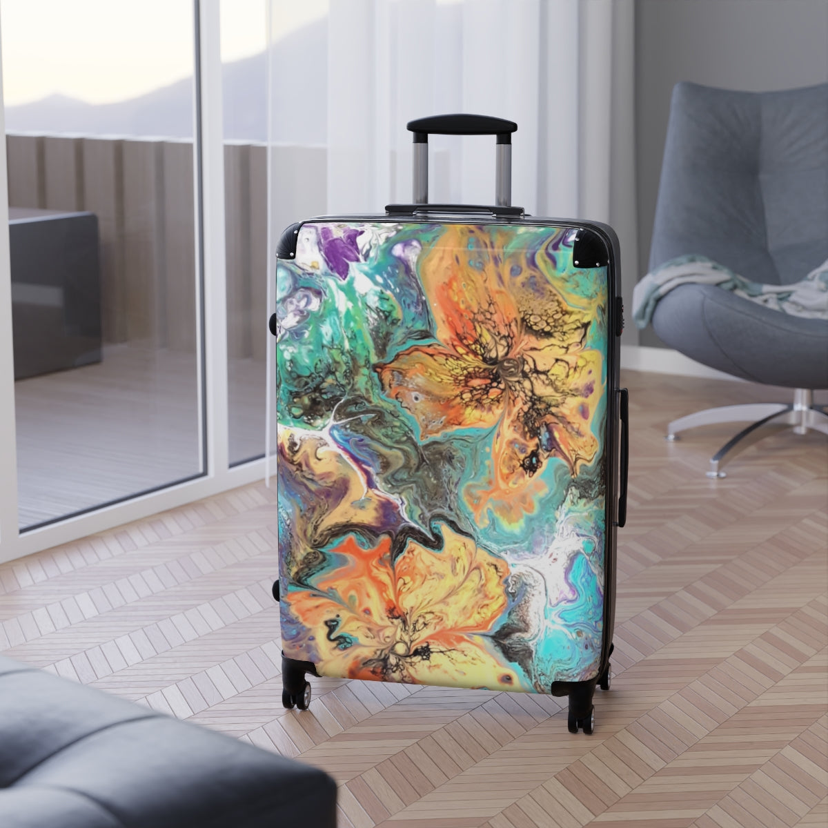 CARRY-ON LUGGAGE SET BY ARTZIRA, UNIQUE ORIGINAL ABSTRACT ART PRINT FOR WOMEN, TRAVEL BAG, DOUBLE WHEELED SPINNER